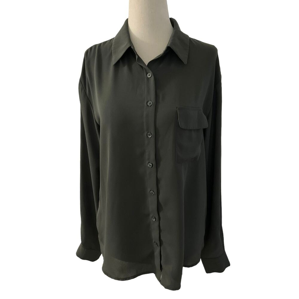 Pleione Green Collared Long Sleeves Top Women's Size XS | 1-9